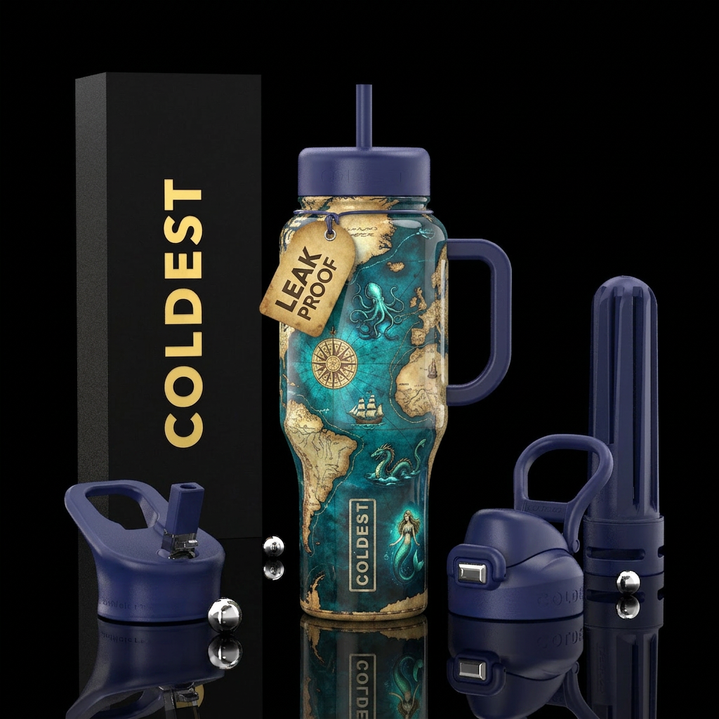 Old seamap showing continents and old ships sailin... water bottle design