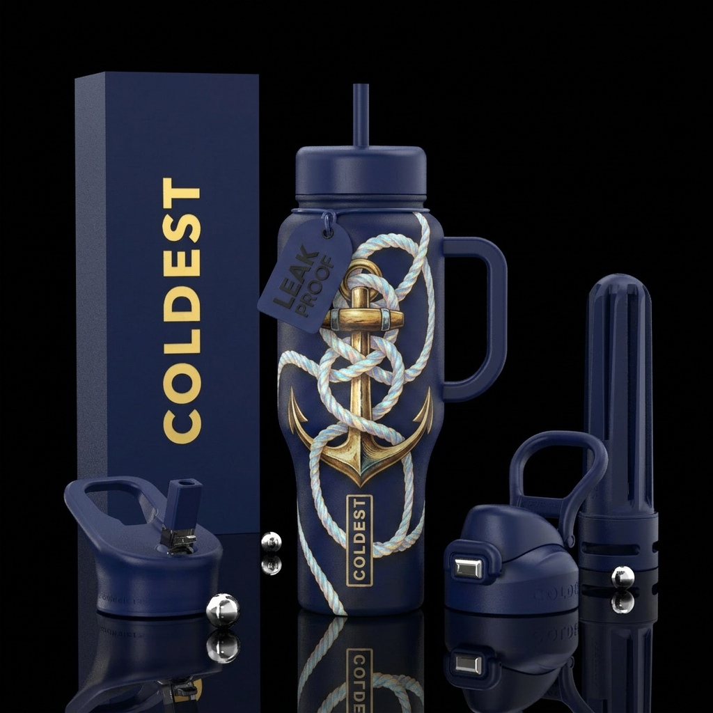 Navy blue background, golden anchor in the middle,... water bottle design