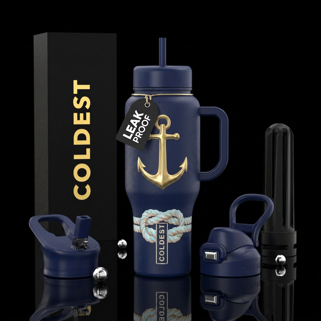 Navy blue background, golden anchor in the middle,... water bottle design