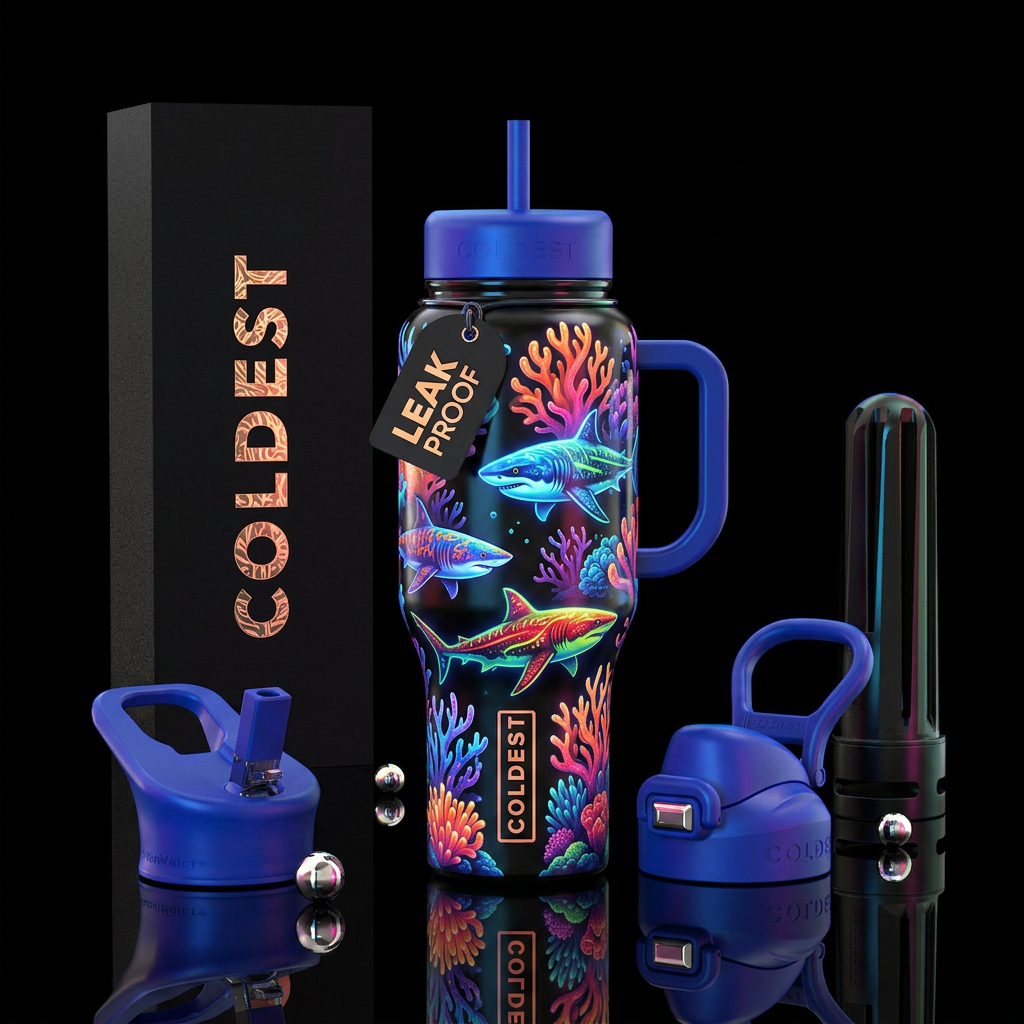Glowie coral and glowie colorful sharks, glossy,tr... water bottle design