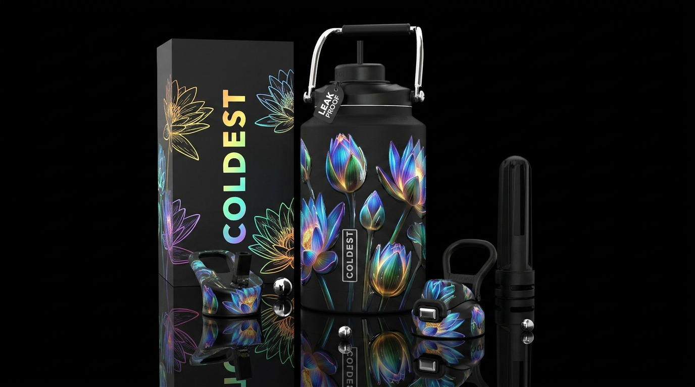 Glowie water lily buds, glossy,trompe-l'œil water bottle design
