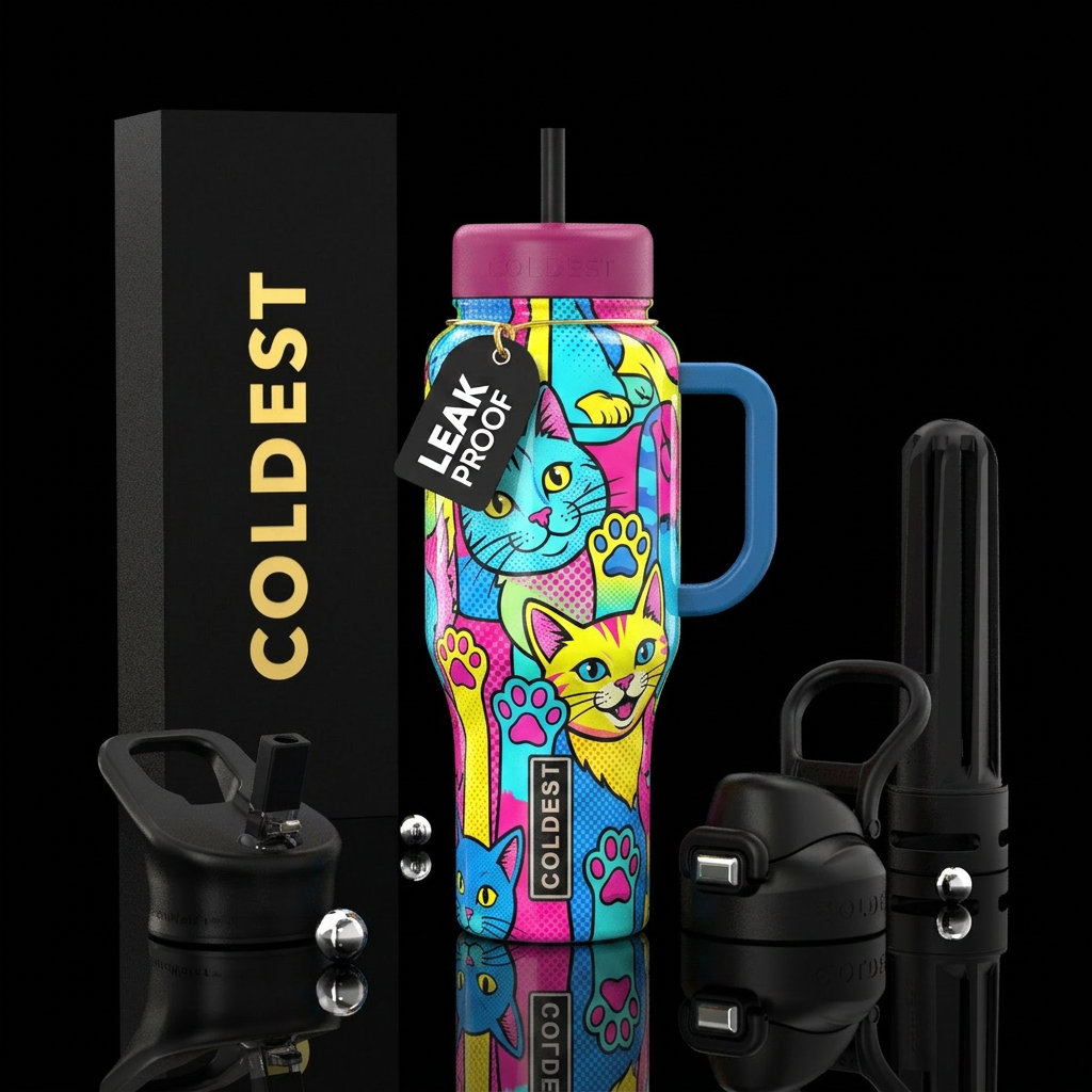 Pop art, cat themed, glossy, trompe-l'œil water bottle design