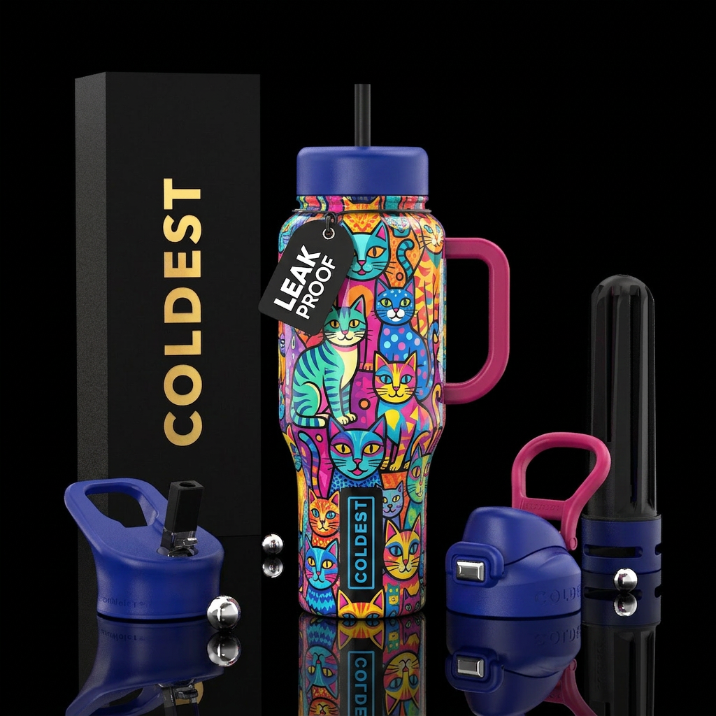 Pop art, cat themed, glossy, trompe-l'œil water bottle design