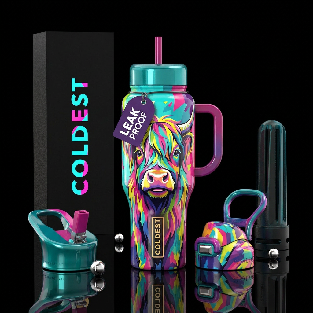 Pop art,highland cow themed, glossy, trompe-l'œil water bottle design