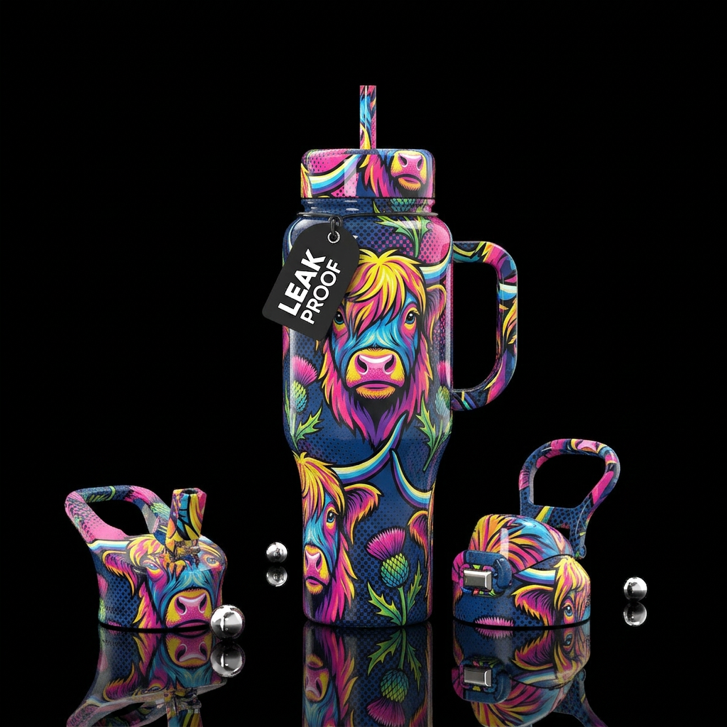 Popart,highland cow themed, glossy, trompe-l'œil water bottle design
