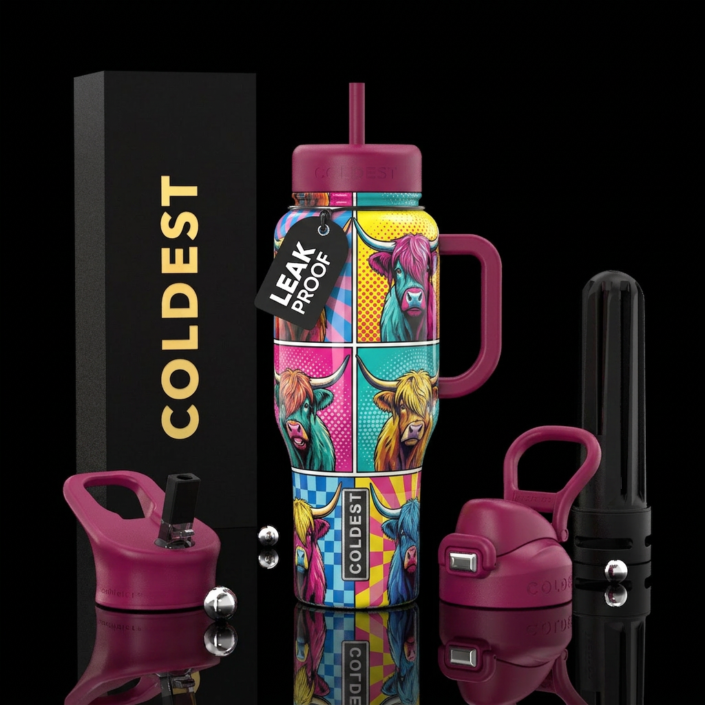 Popart,highland cow themed, glossy, trompe-l'œil water bottle design