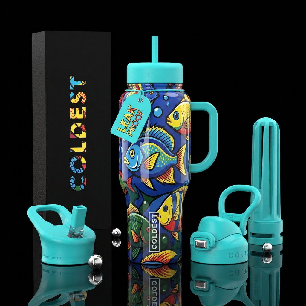 Popart,fish themed, glossy, trompe-l'œil water bottle design