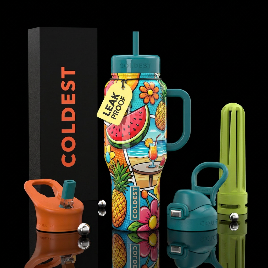 Popart,summer themed, glossy, trompe-l'œil water bottle design