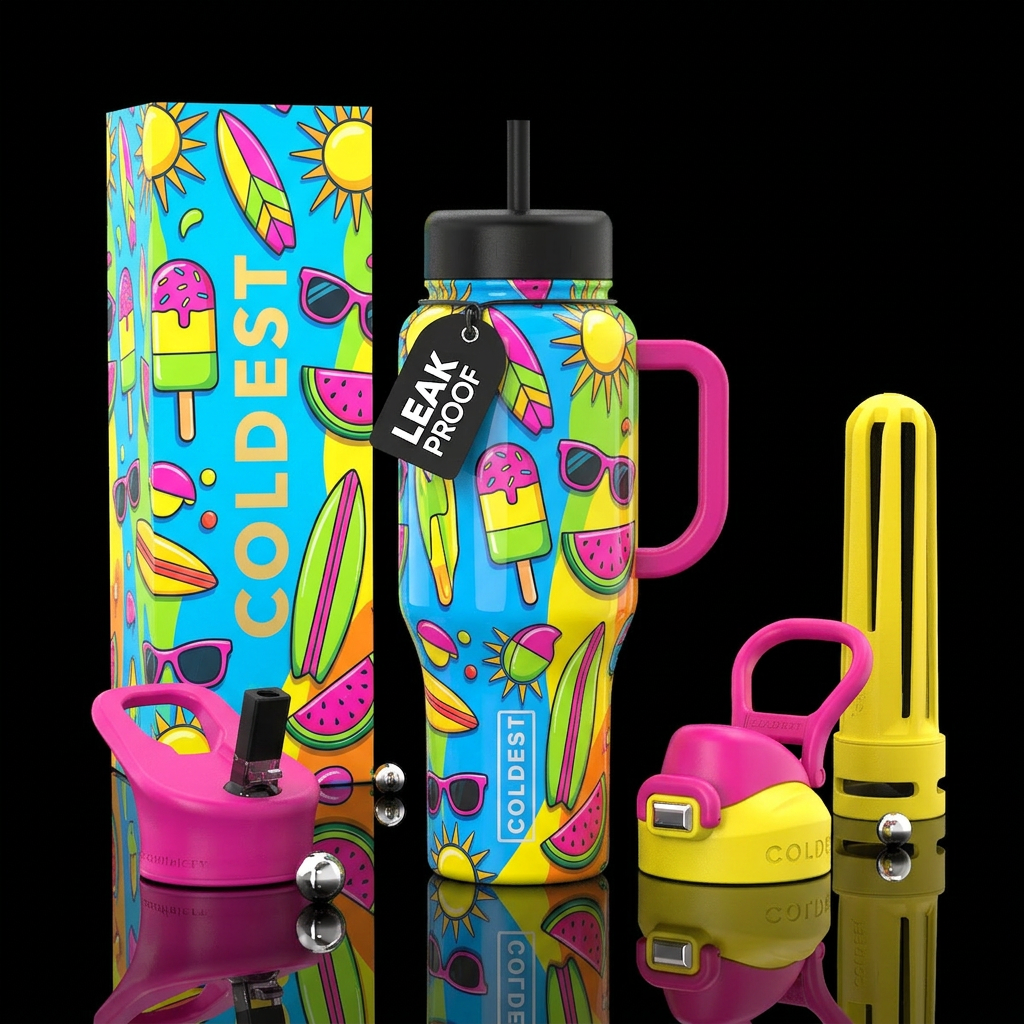 Popart,summer themed, glossy, trompe-l'œil water bottle design