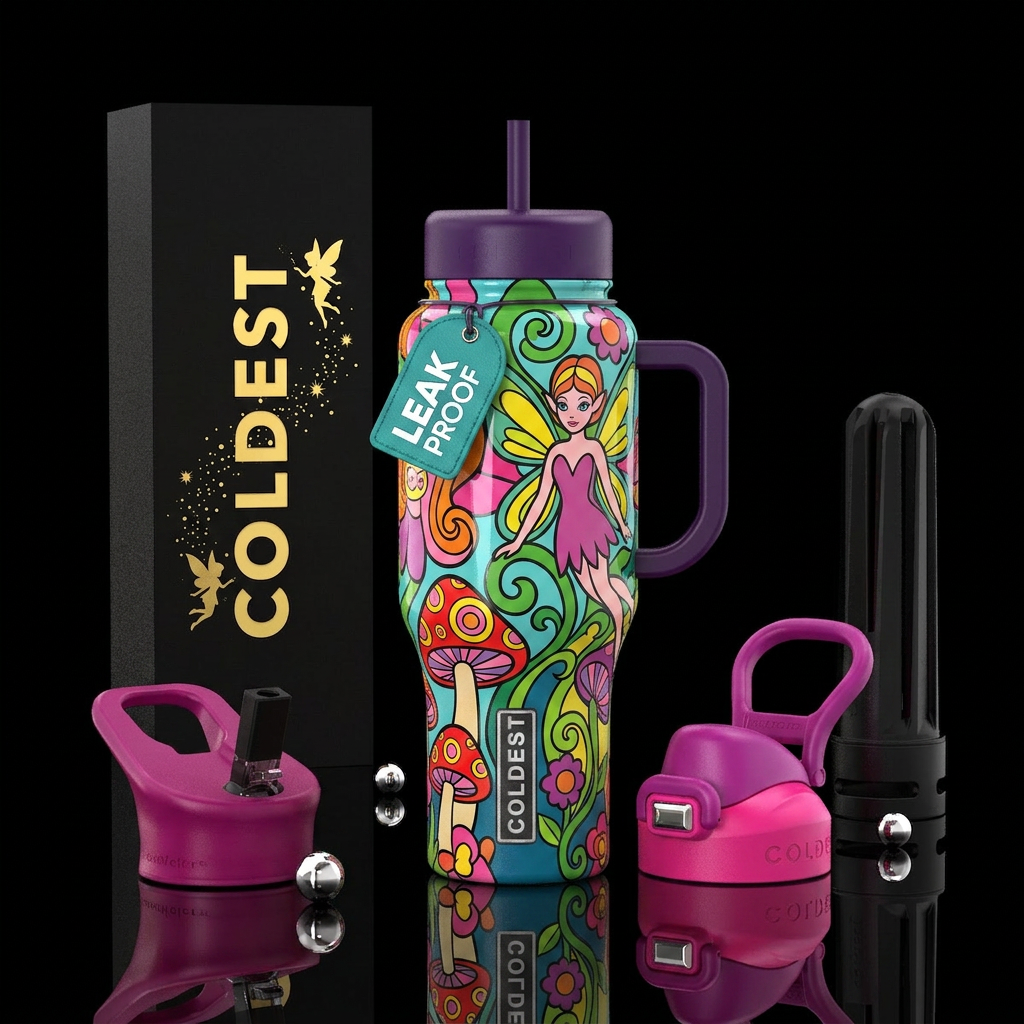 Popart,faerie themed, glossy, trompe-l'œil water bottle design