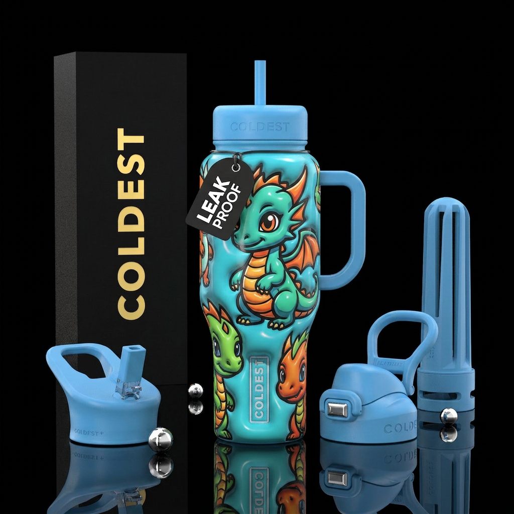 Popart,baby dragon themed, glossy, trompe-l'œil water bottle design