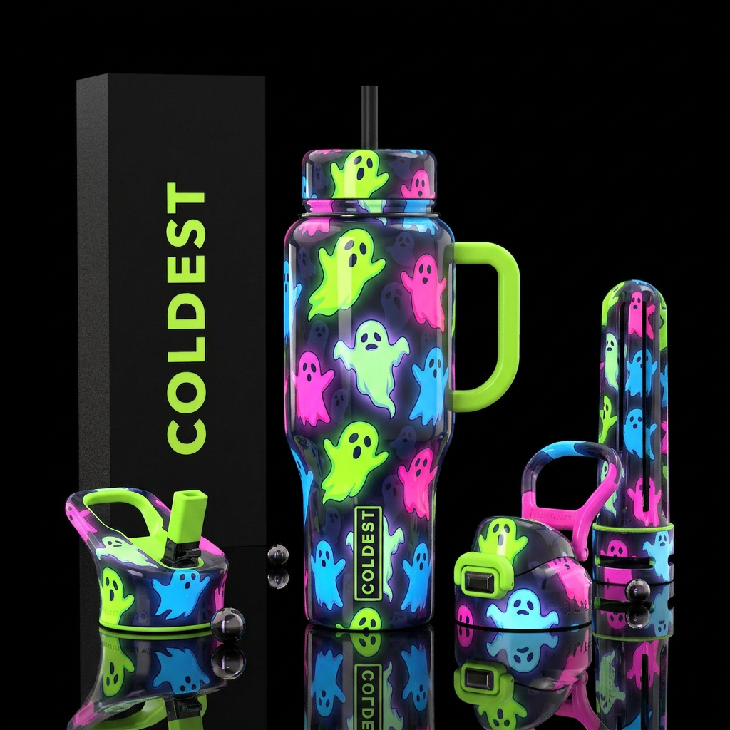 Popart glowie ghost themed, glossy, trompe-l'œil water bottle design