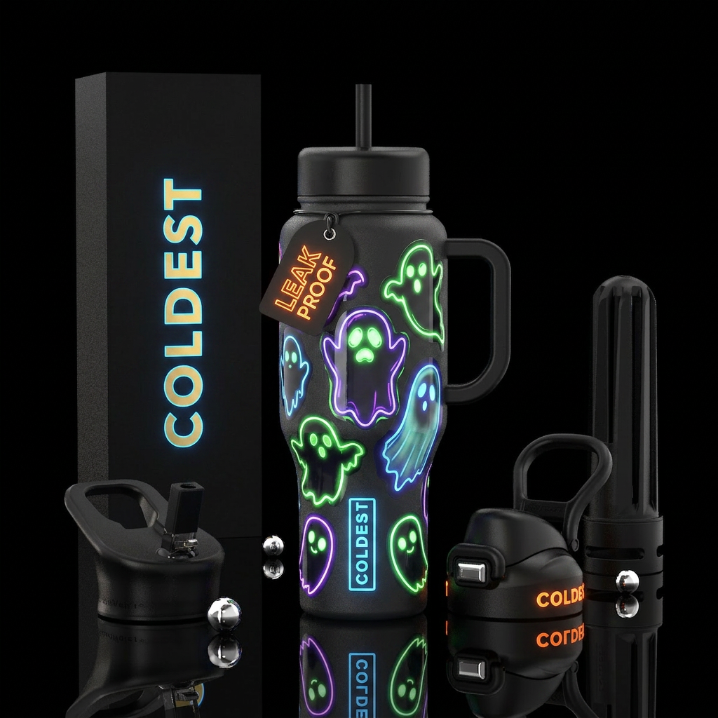 Popart glowie ghost themed, glossy, trompe-l'œil water bottle design