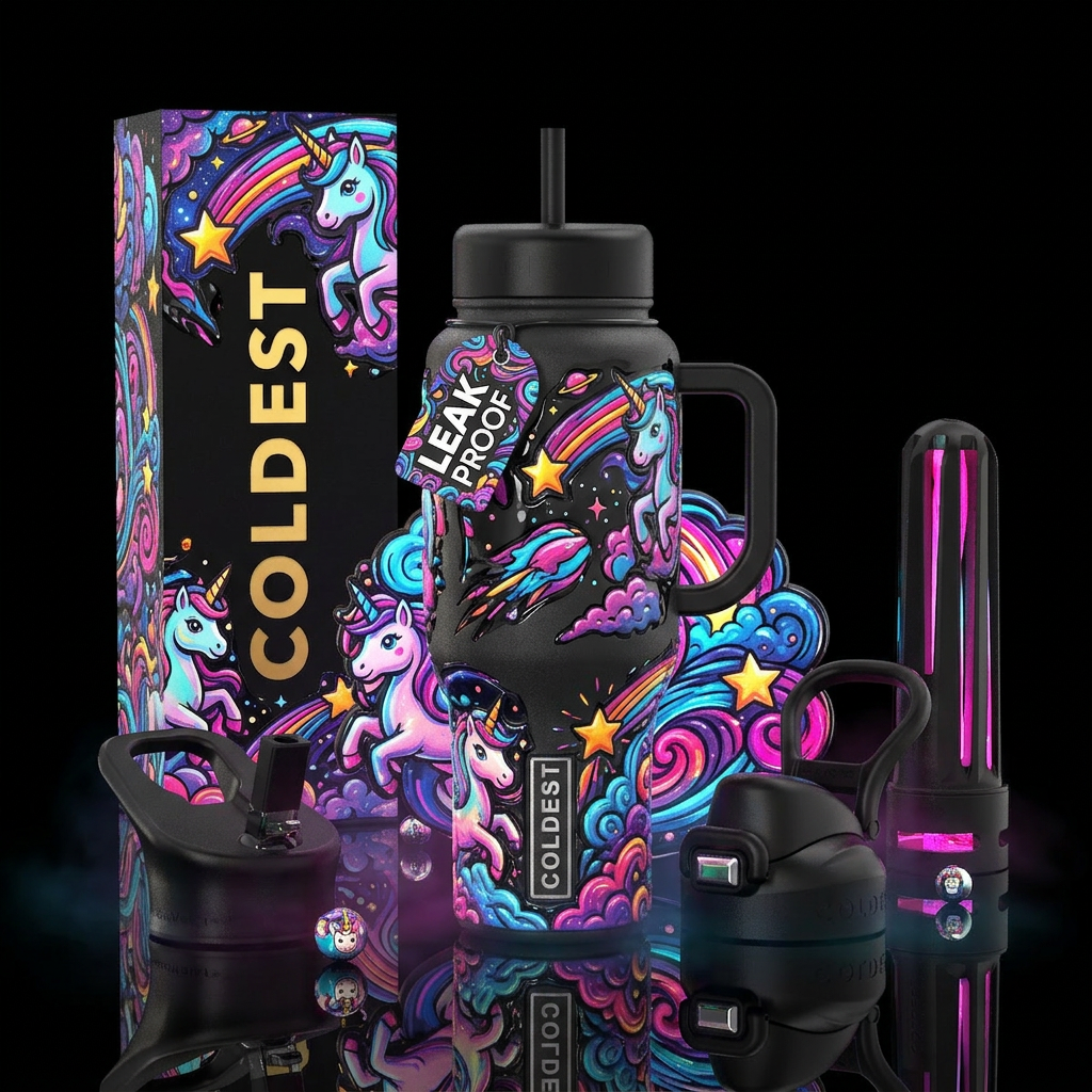 Popart glowie unicorn themed, glossy, trompe-l'œil water bottle design