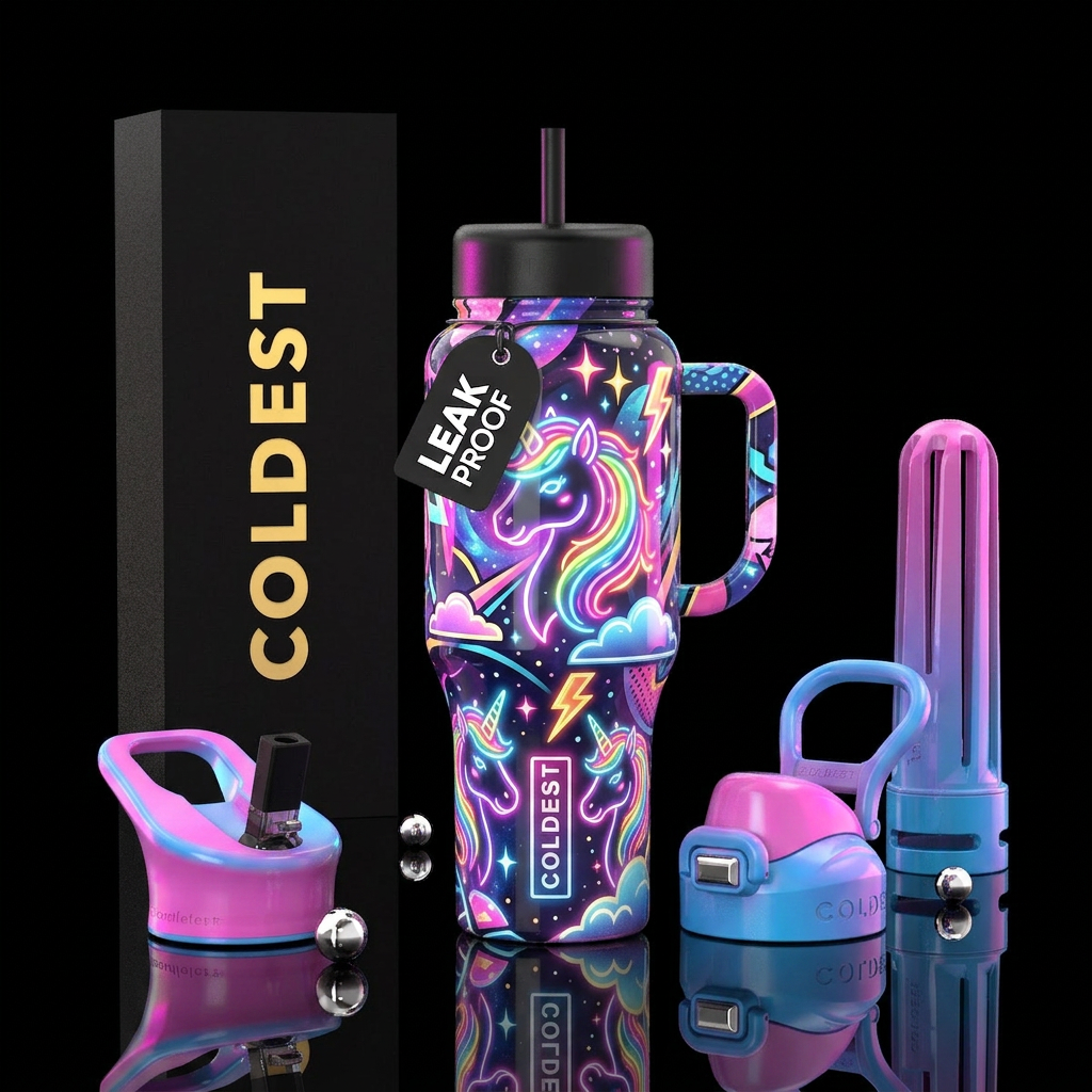 Popart glowie unicorn themed, glossy, trompe-l'œil water bottle design