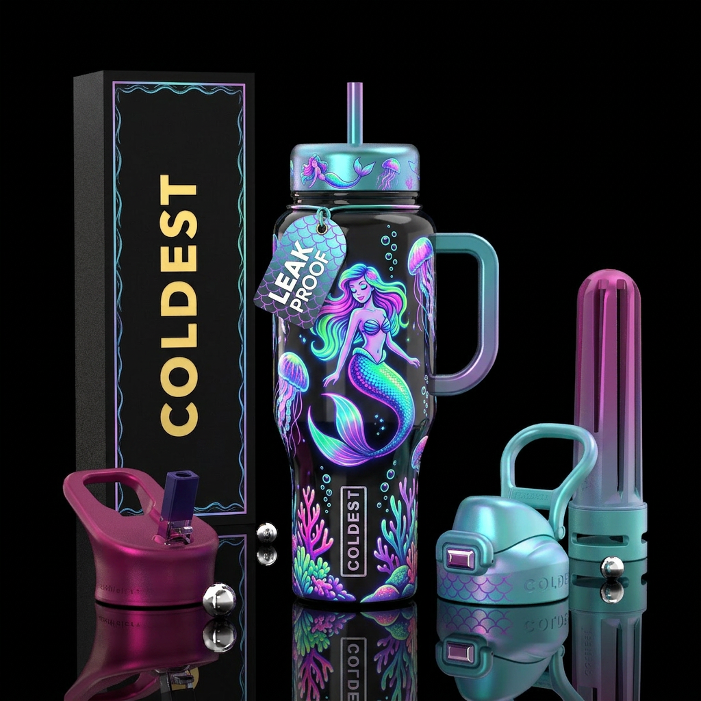 Popart glowie mermaid themed, glossy, trompe-l'œil water bottle design