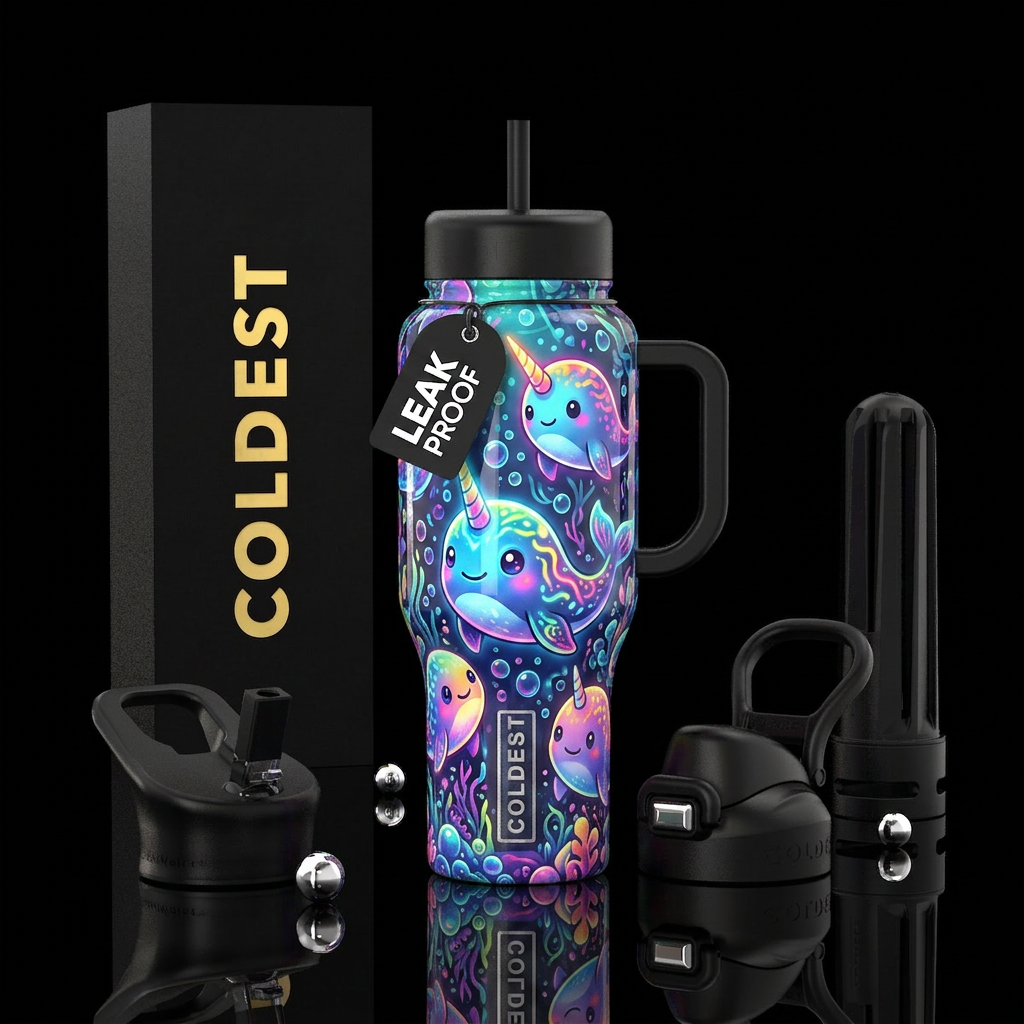 Popart glowie baby narwhals themed, glossy, trompe... water bottle design