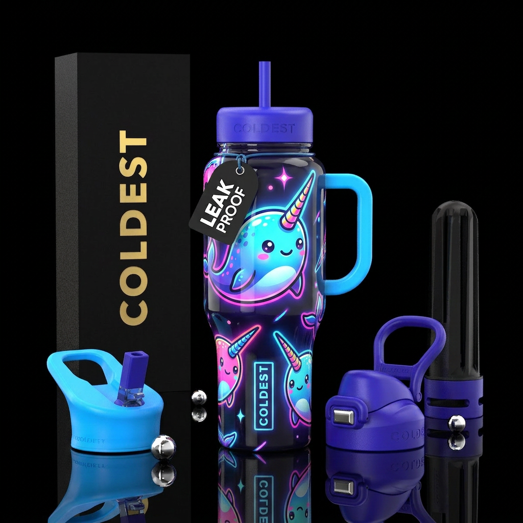 Popart glowie baby narwhals themed, glossy, trompe... water bottle design