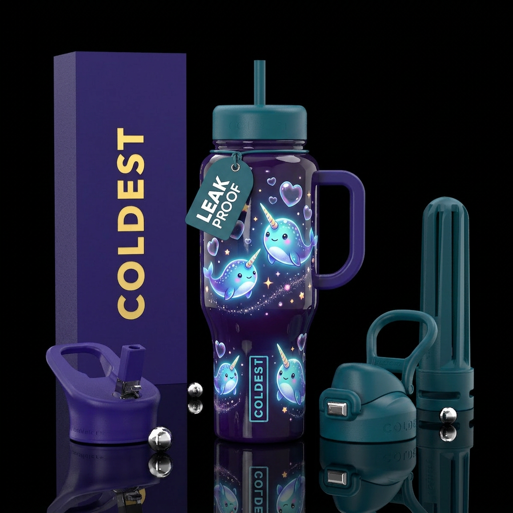 Popart glowie baby narwhals themed,heart bubbles,g... water bottle design