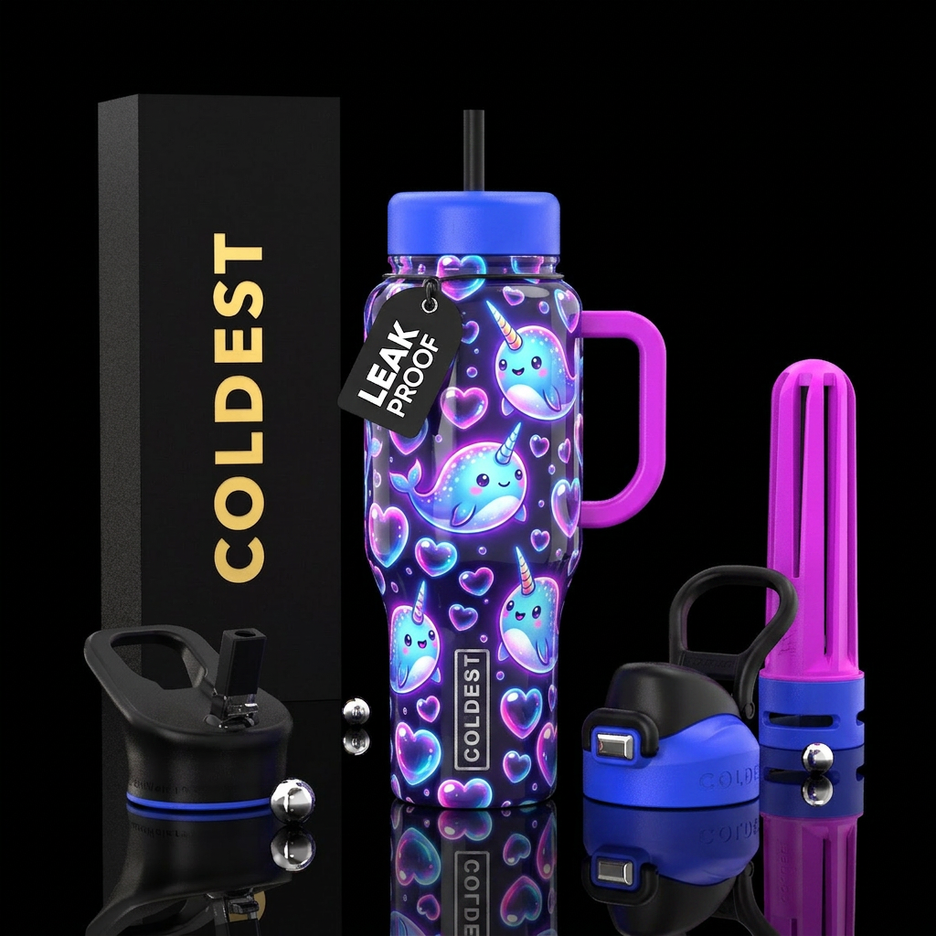 Popart glowie baby narwhals themed,heart bubbles,g... water bottle design