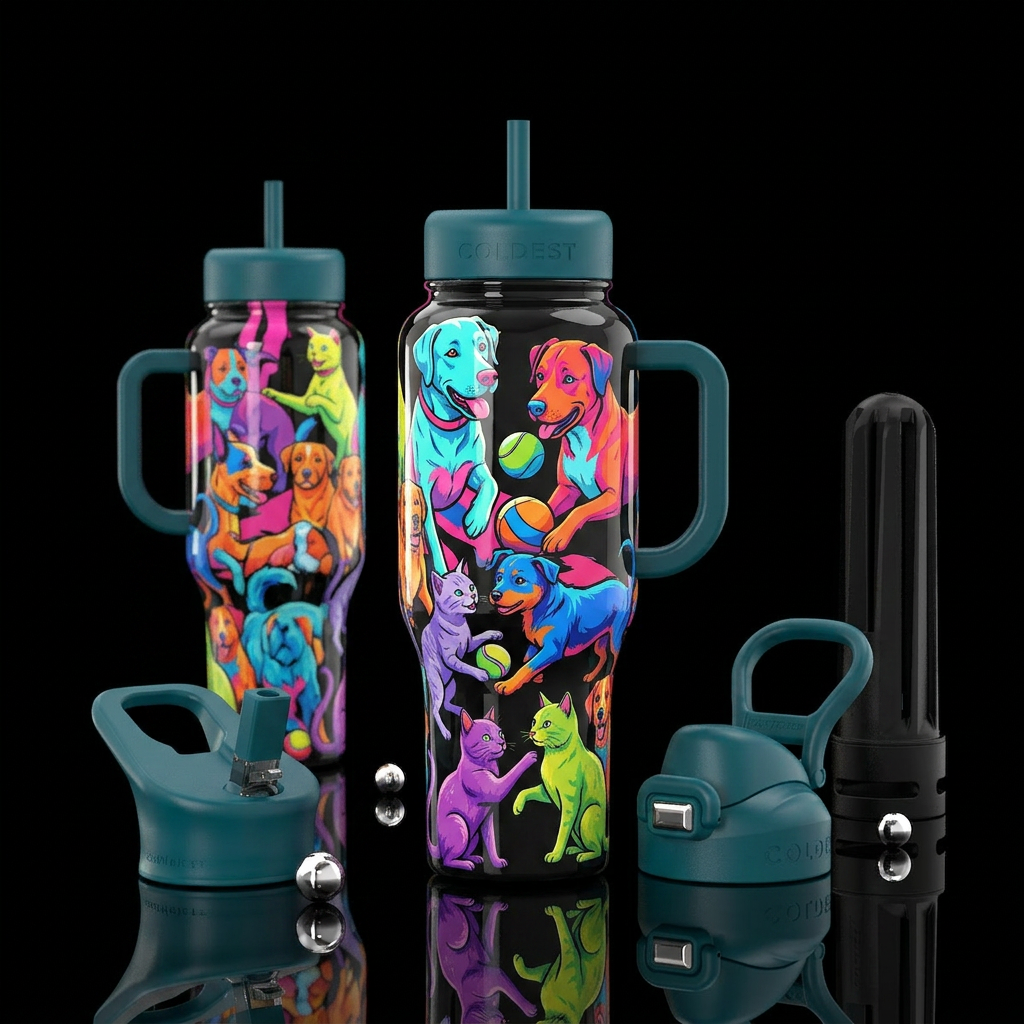 Pop art dogs and cats playing together,glossy, tro... water bottle design