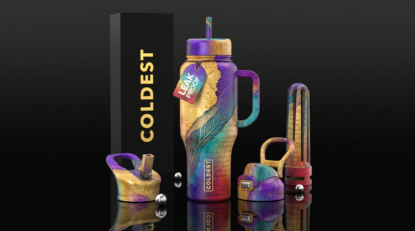 Feather, colorful, writing water bottle design