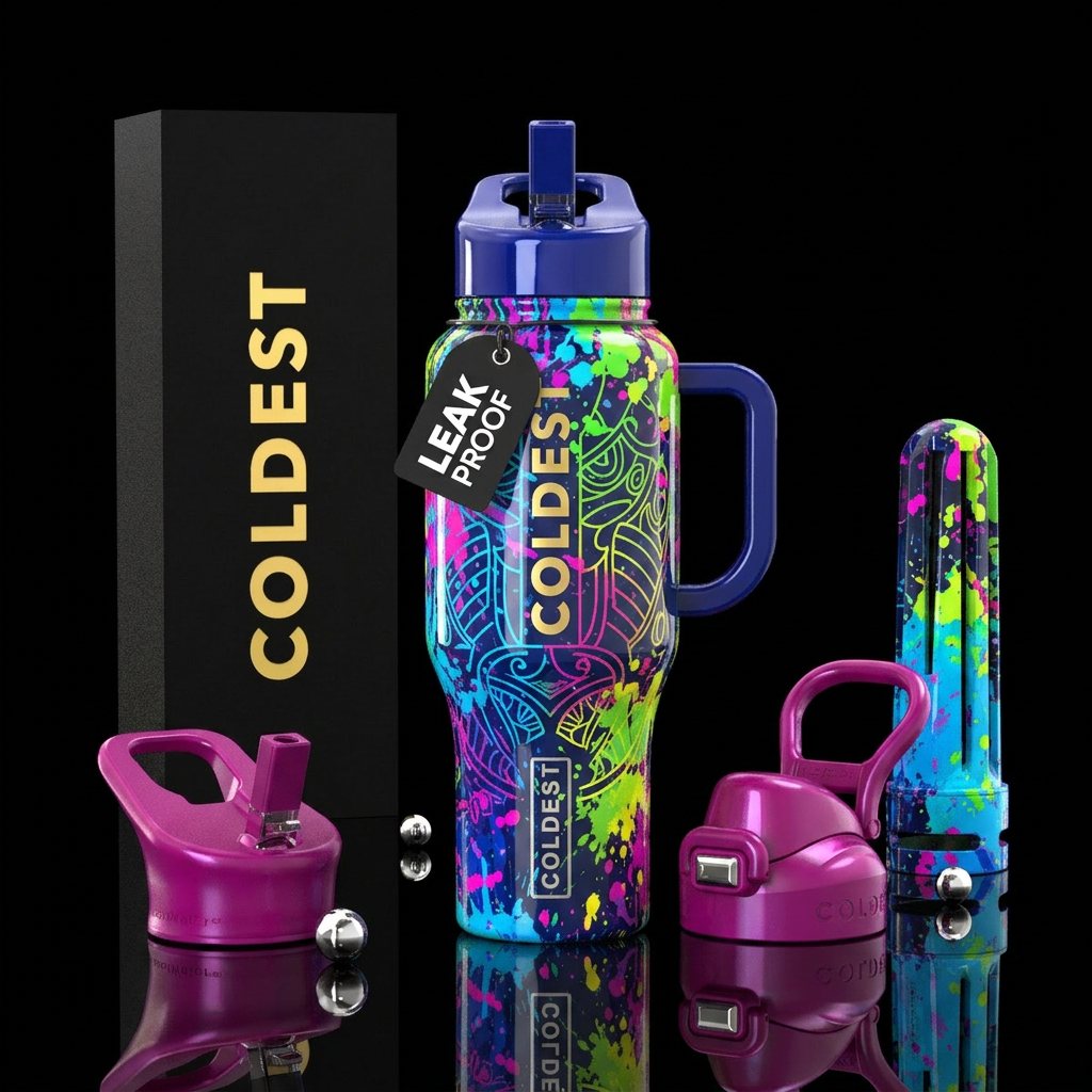 lineart, splatter,glossy water bottle design