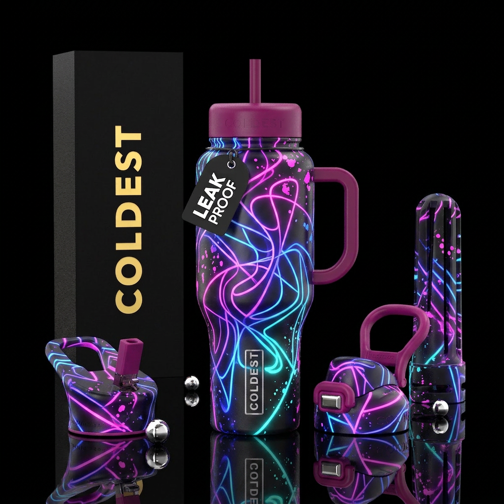 lineart, splatter,glossy, abstract, neon water bottle design