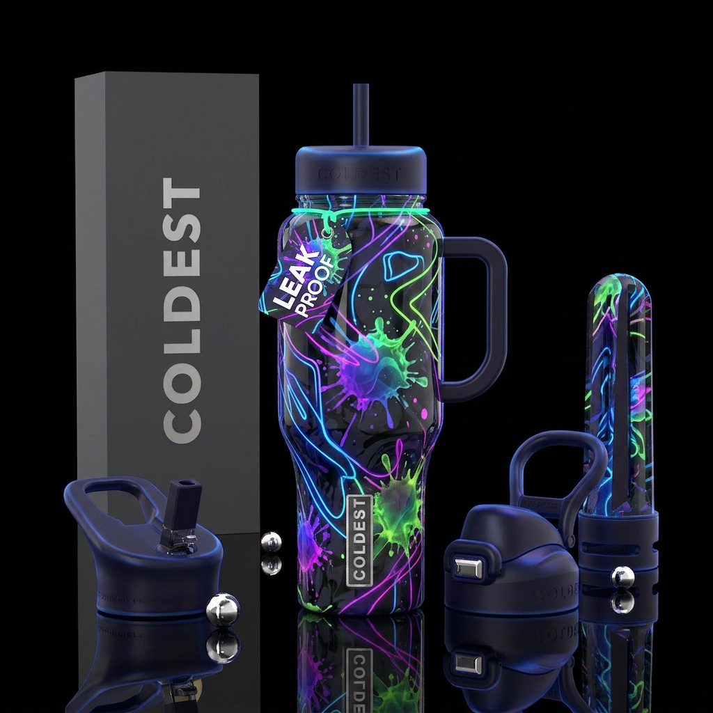lineart, splatter,glossy, abstract, neon, glowie water bottle design