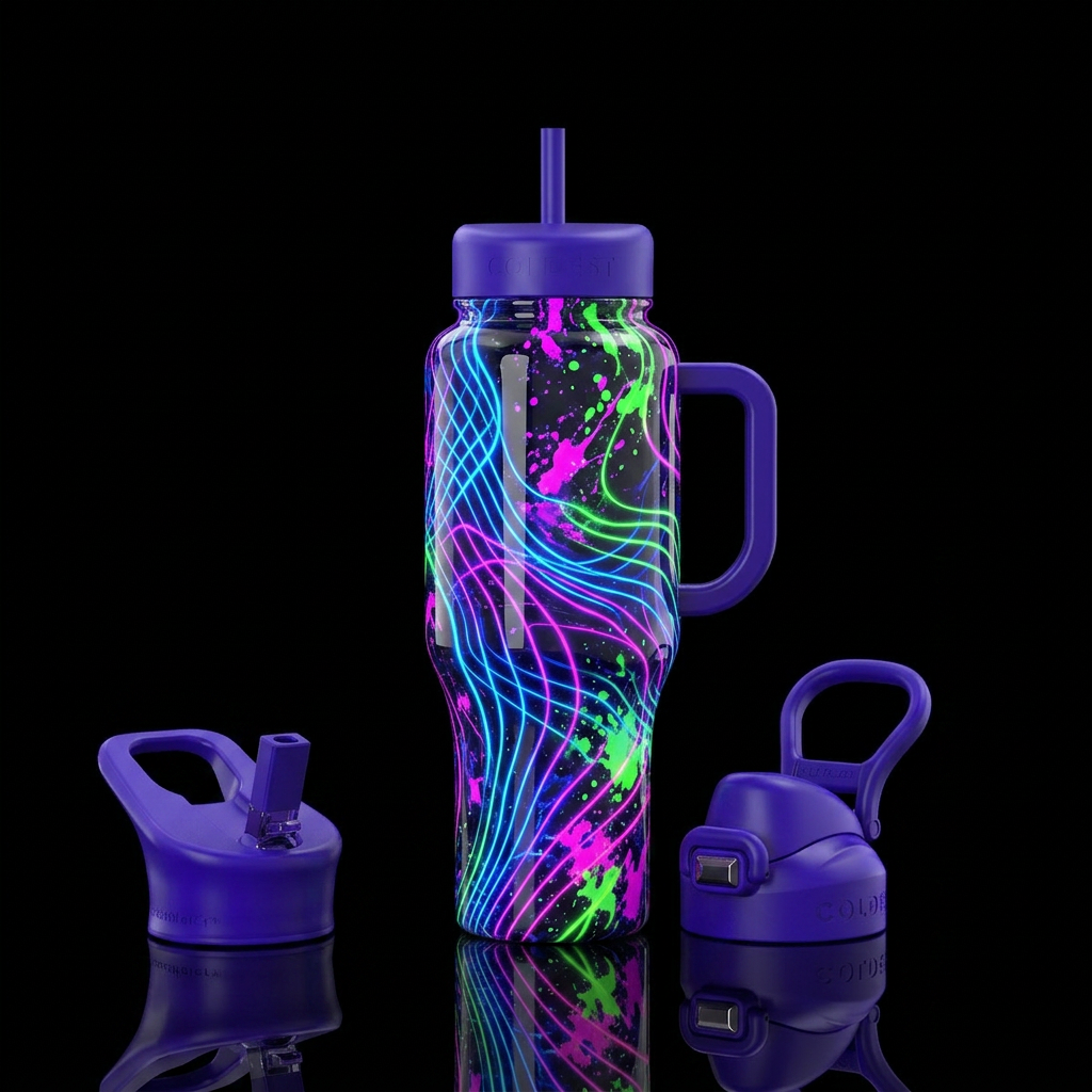 lineart, splatter,glossy, abstract, neon, glowie,,... water bottle design