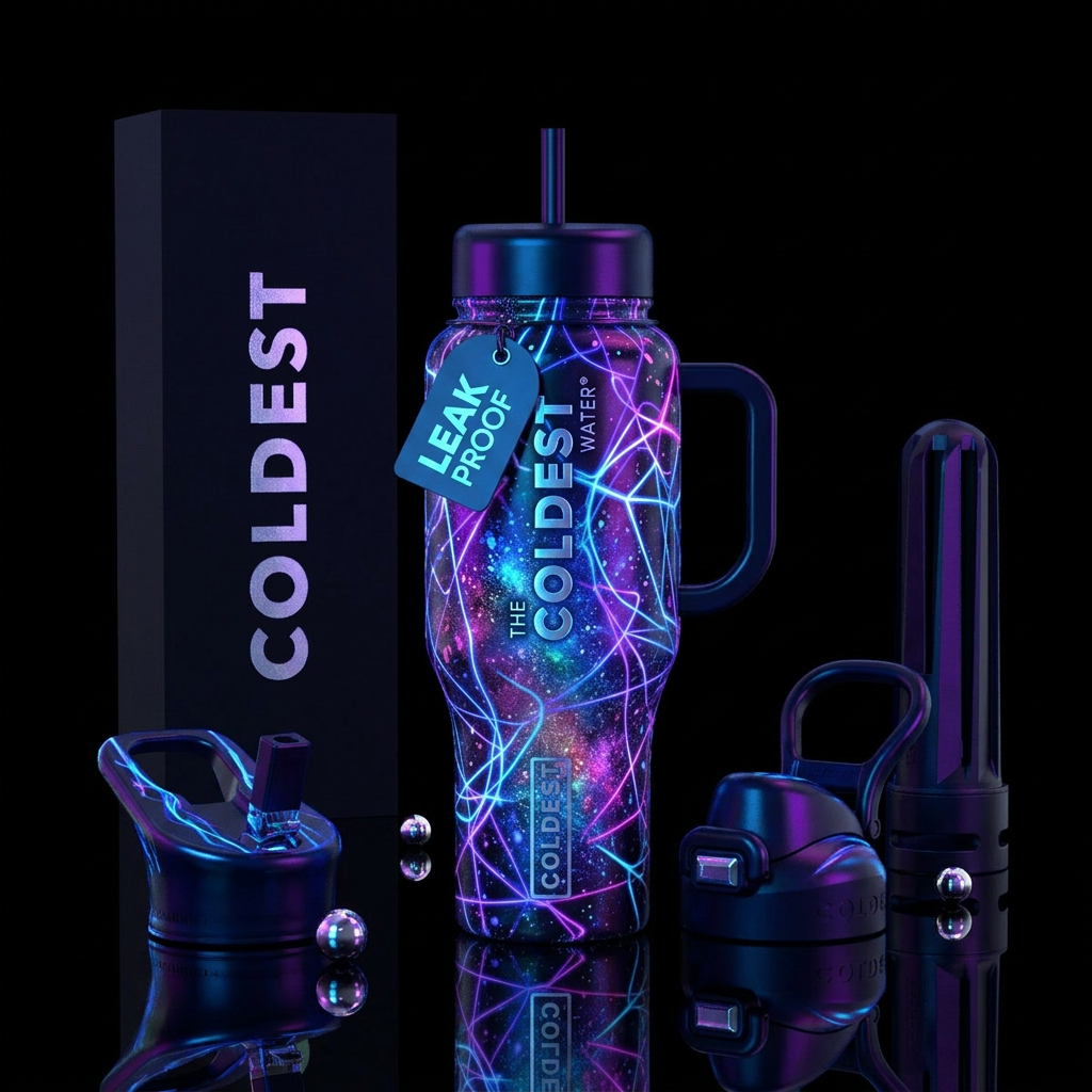 lineart, splatter,glossy, abstract, neon, glowie,,... water bottle design
