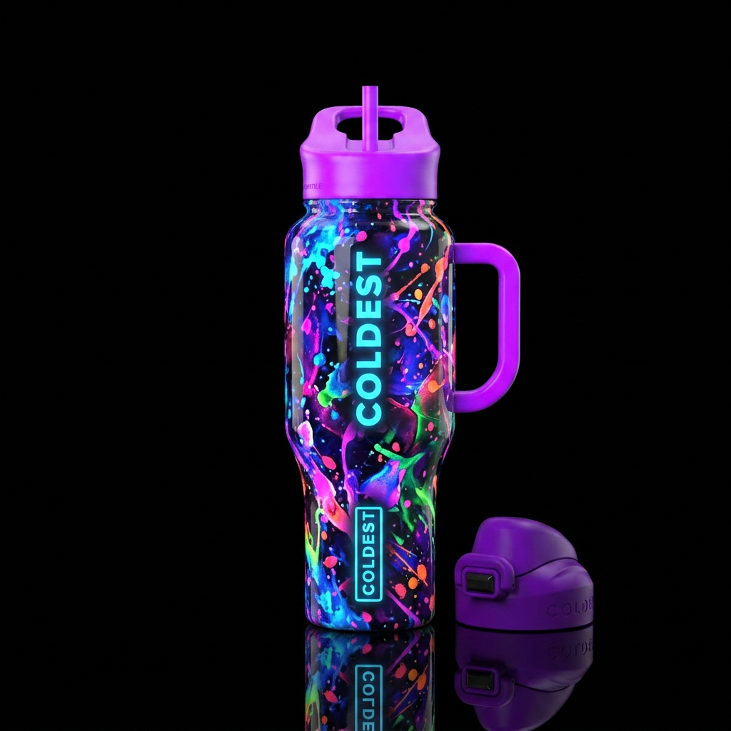 , splatter,glossy, abstract, neon, glowie,, myster... water bottle design