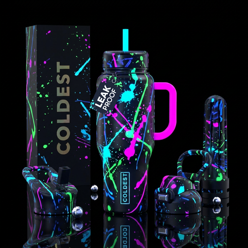 , splatter,glossy, abstract, neon, glowie,, myster... water bottle design