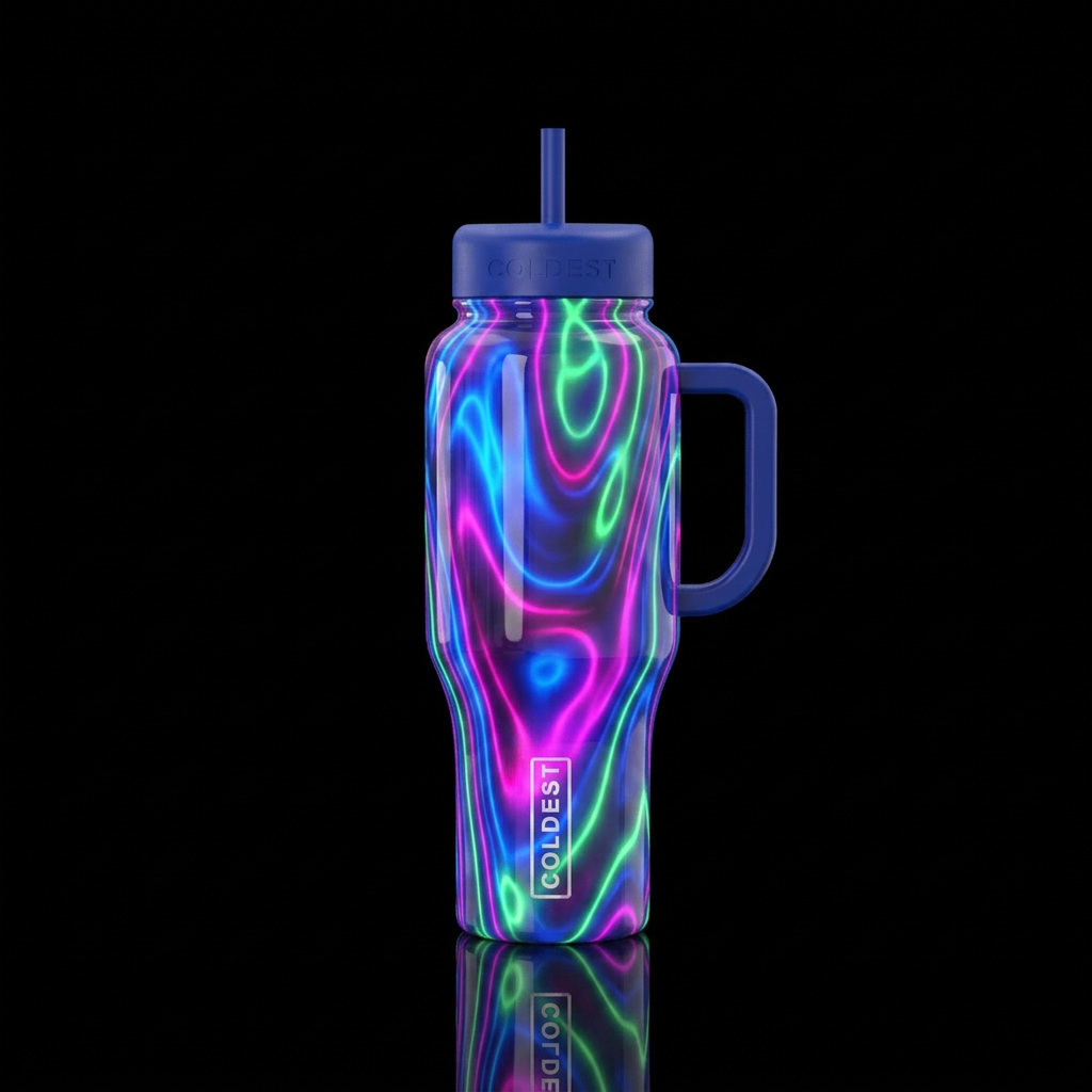 , ,glossy, abstract, neon, glowie,, mysterious, me... water bottle design