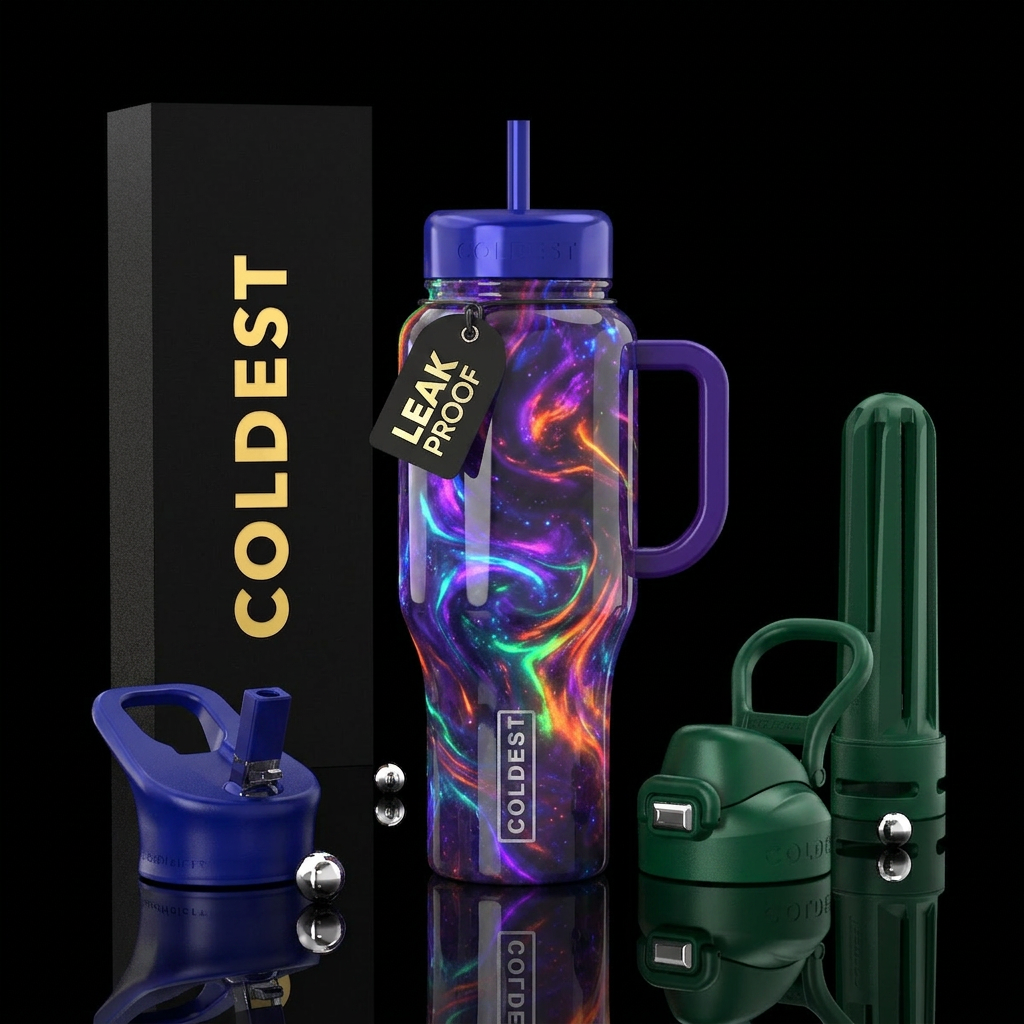 , ,glossy, abstract,  glowie,, mysterious, mesmeri... water bottle design