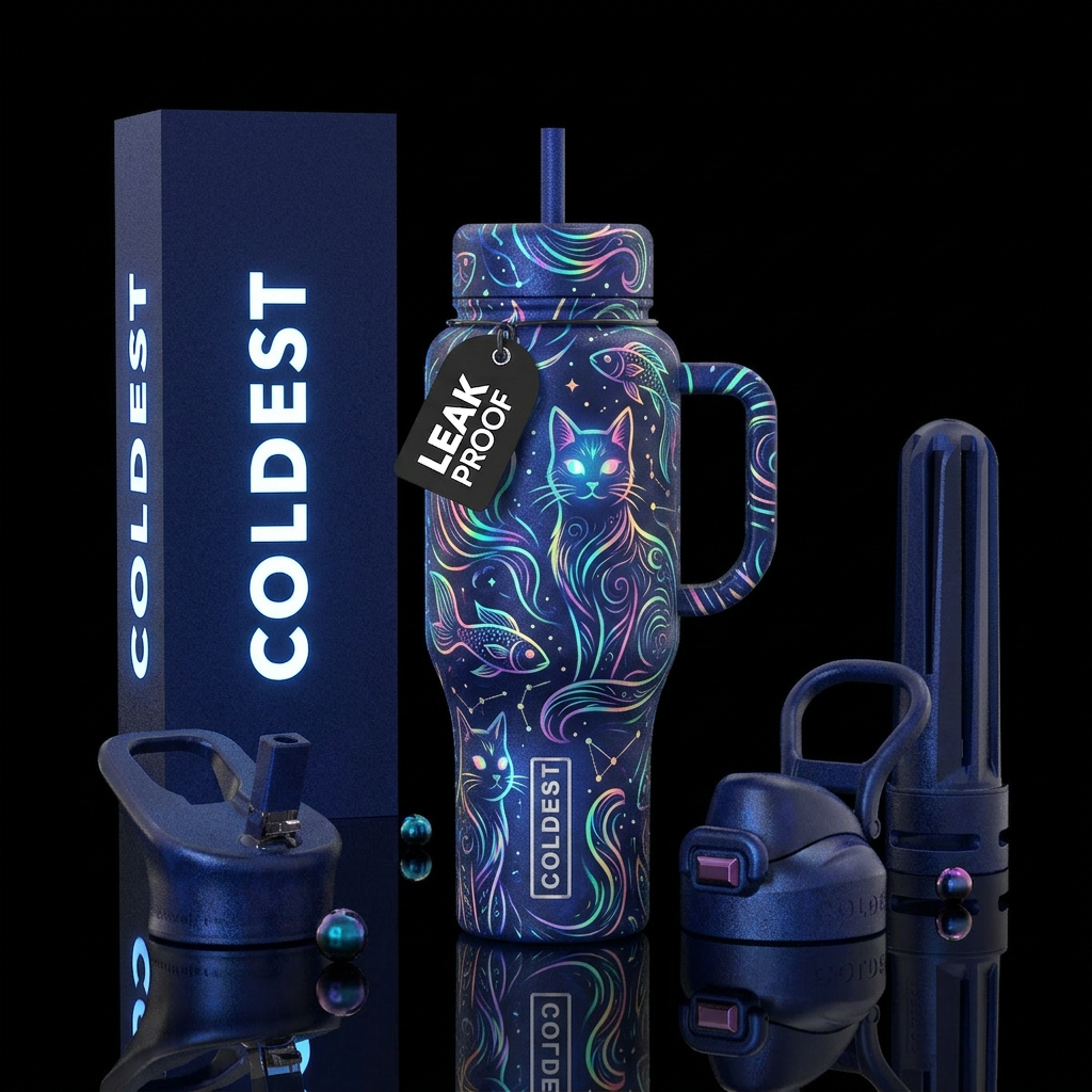 Stylistic glowie cat design, holographic, glossy,m... water bottle design