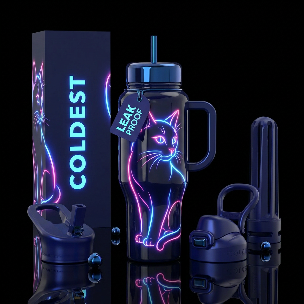 Stylistic glowie cat design,  glossy,minimalist, d... water bottle design