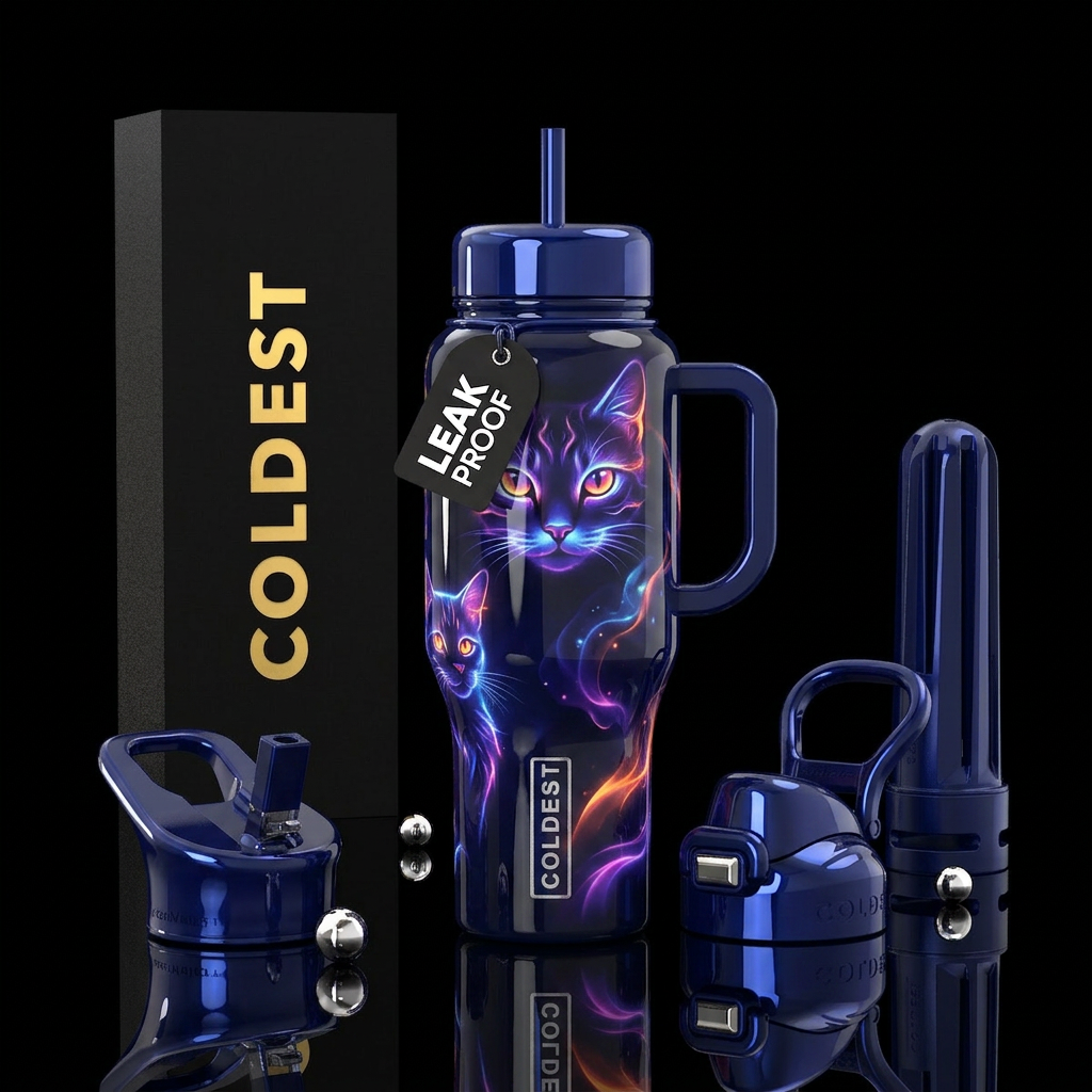 Stylistic glowie cat design,  glossy, dark blue ba... water bottle design