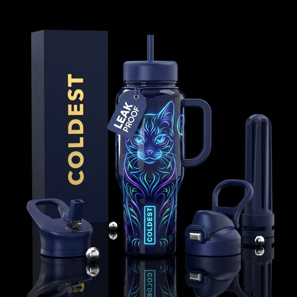 Stylistic glowie cat design,  glossy, dark blue ba... water bottle design