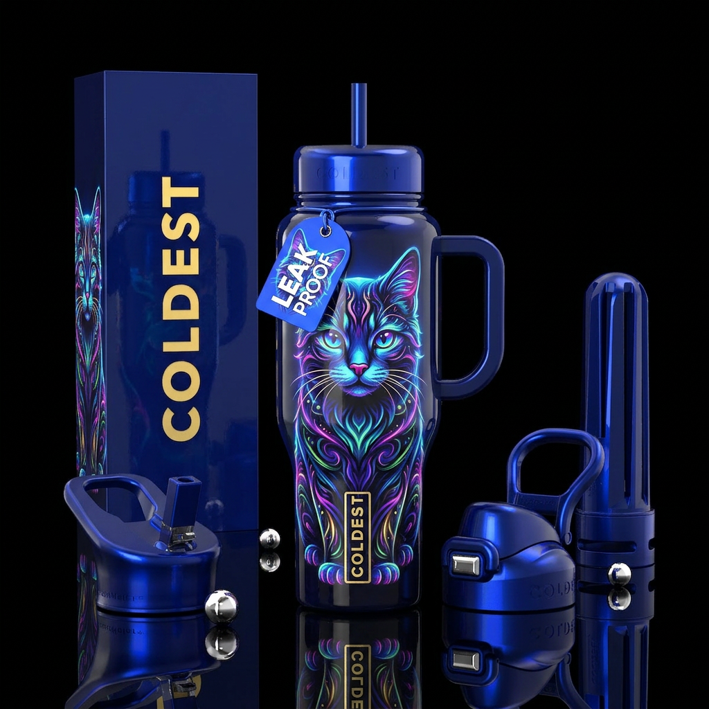 Stylistic glowie cat design,  glossy, dark blue ba... water bottle design