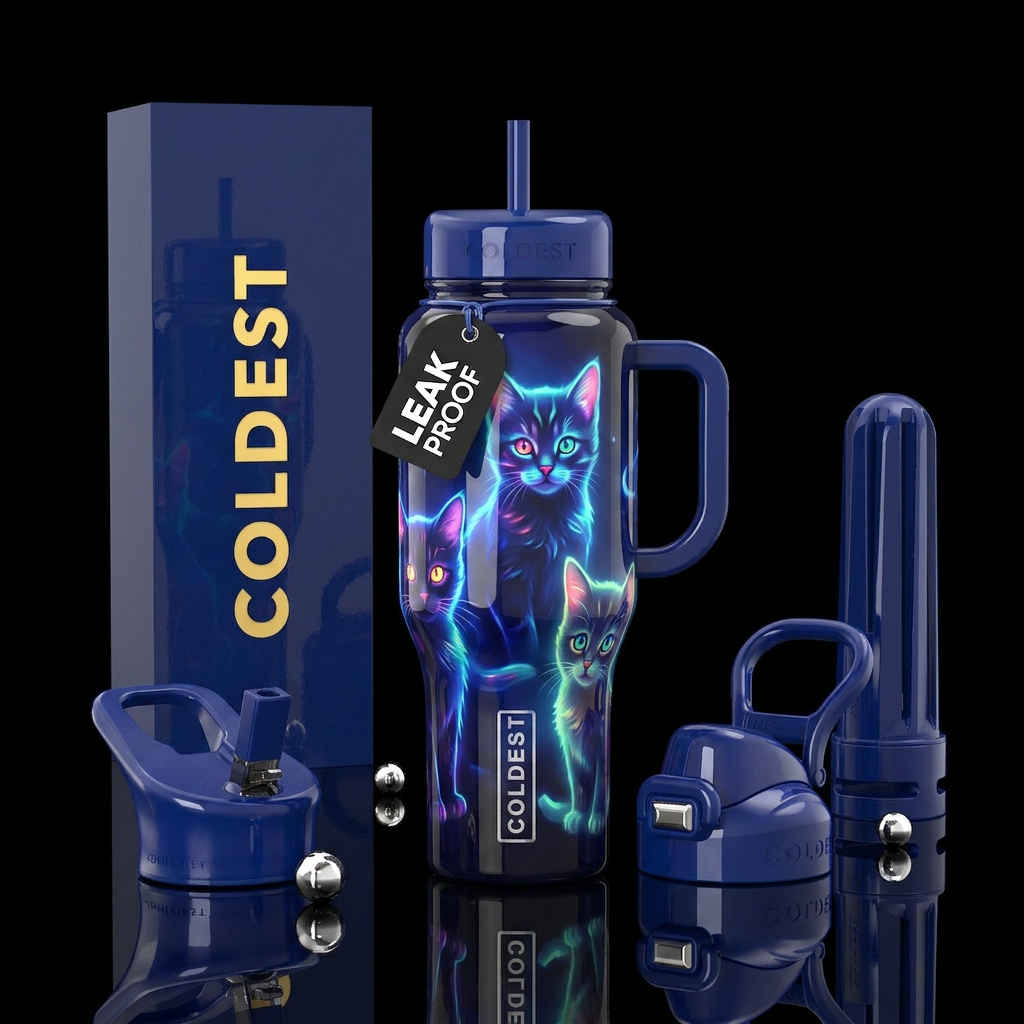 Stylistic glowie kittens design,  glossy, dark blu... water bottle design