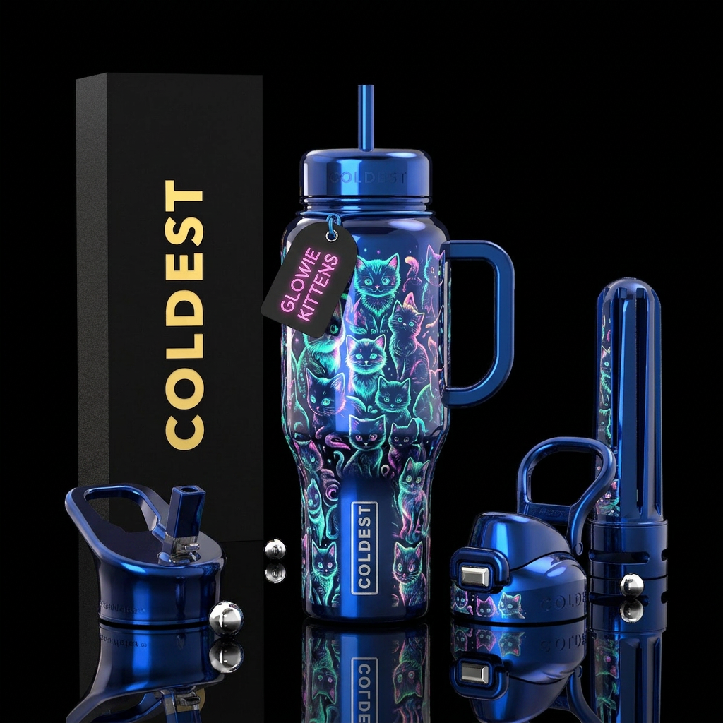 Stylistic glowie kittens design,  glossy, dark blu... water bottle design