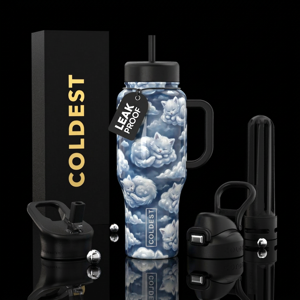 Clouds that look like fluffy kittens, glossy water bottle design