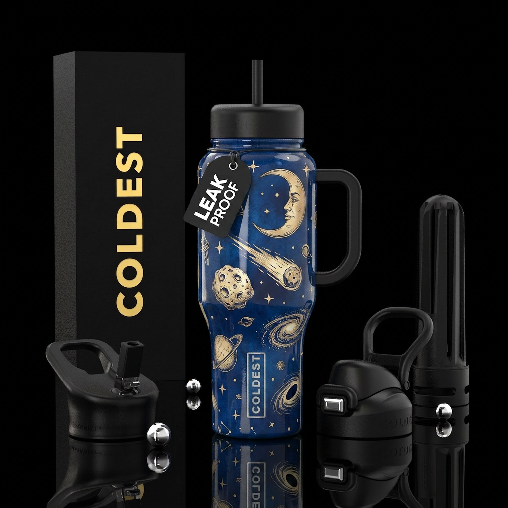 Blue background, goldish drawings of crescent moon... water bottle design