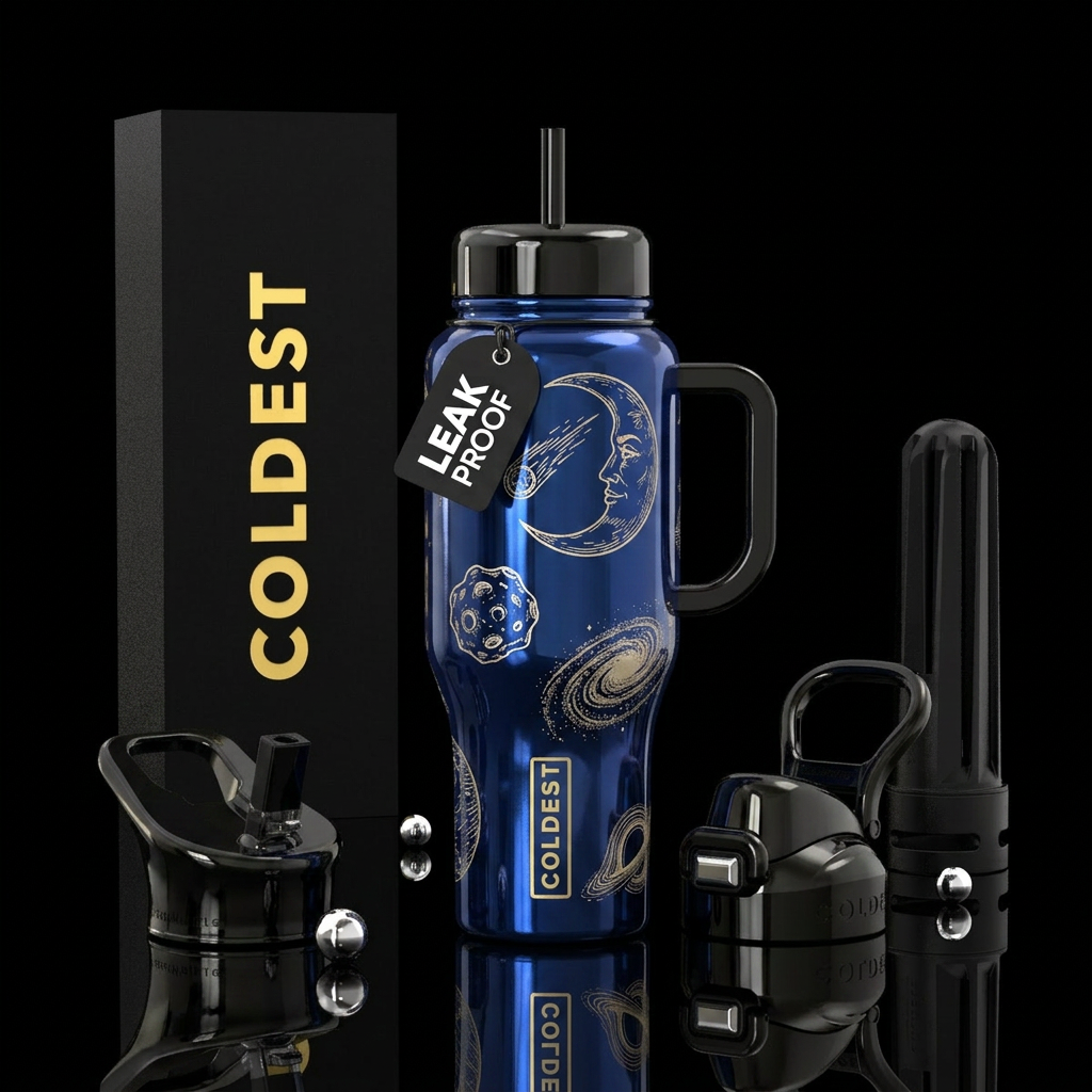 Blue background, goldish drawings of crescent moon... water bottle design