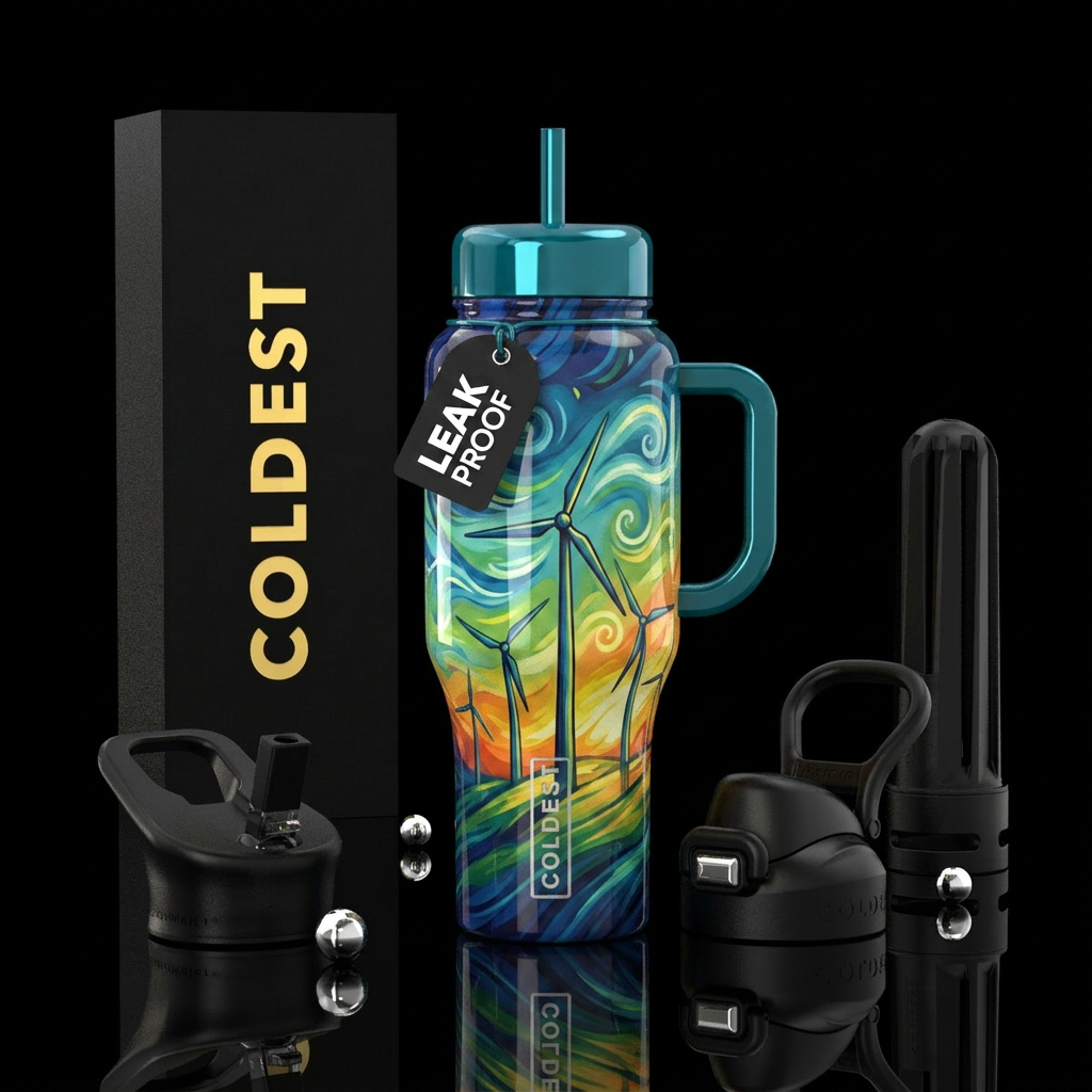 Wind turbine, Breezy winds, glossy water bottle design