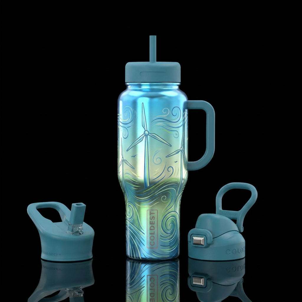 Wind turbine, Breezy winds, glossy water bottle design