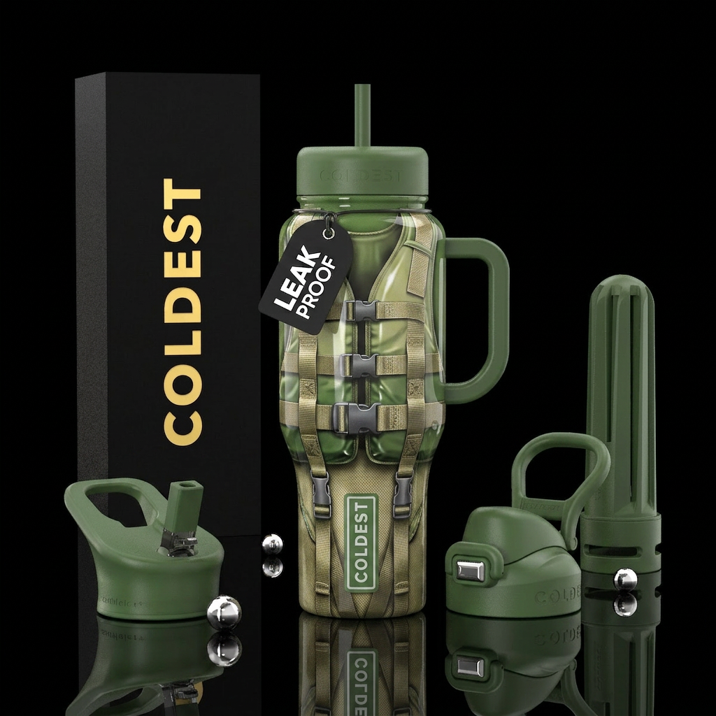 Green tan Lifejacket, glossy, trompe-l'œil water bottle design