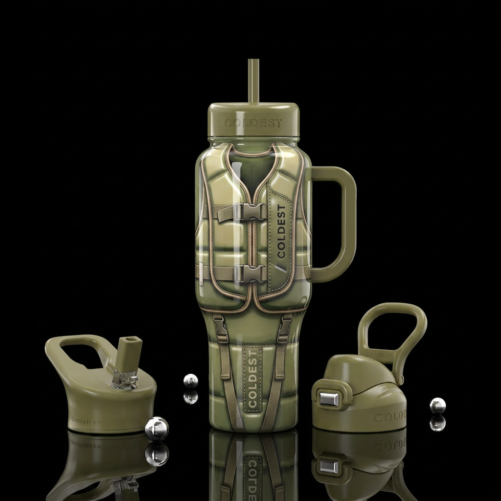 Green tan Lifejacket, glossy, trompe-l'œil water bottle design
