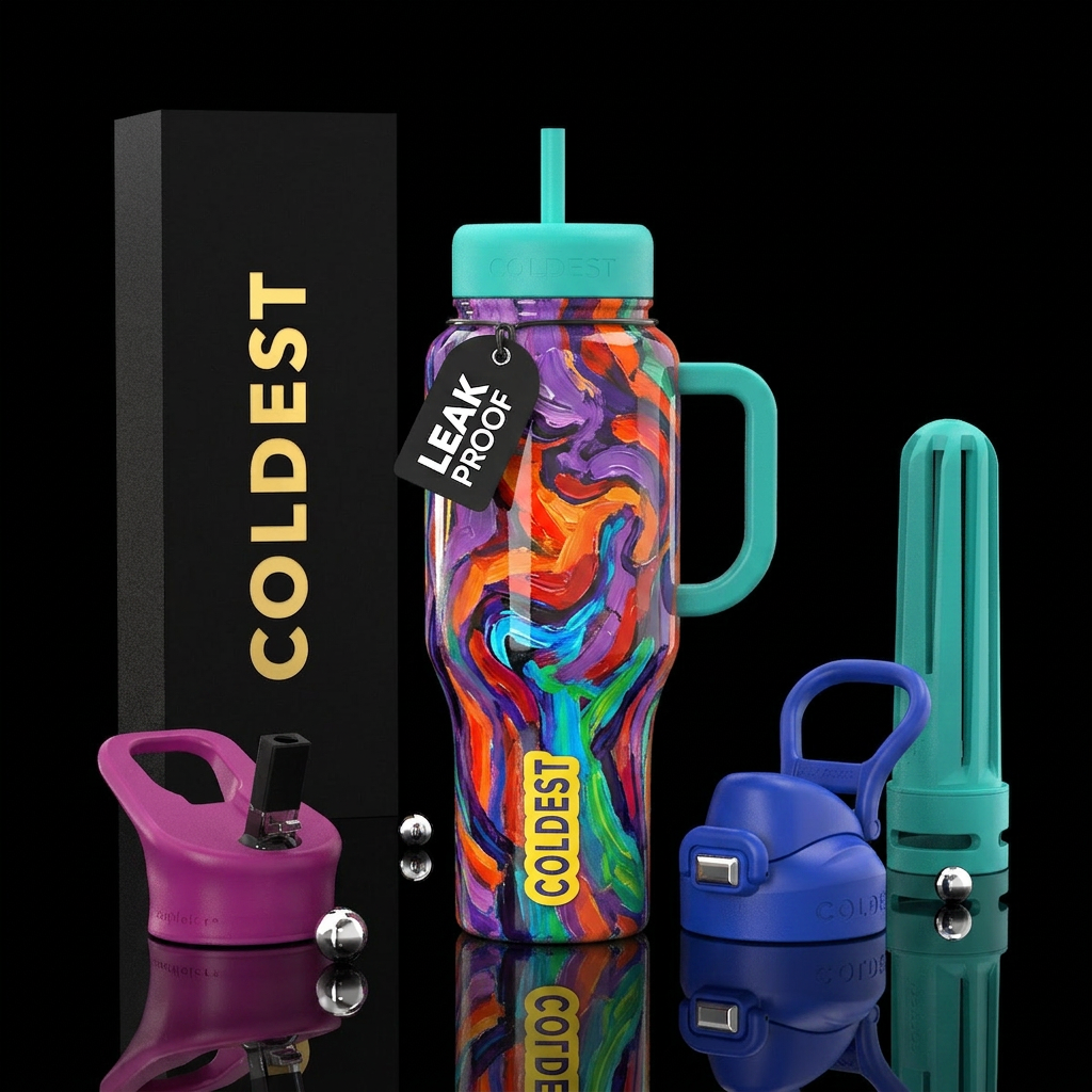 fauvism, trance,glossy, trompe-l'œil water bottle design